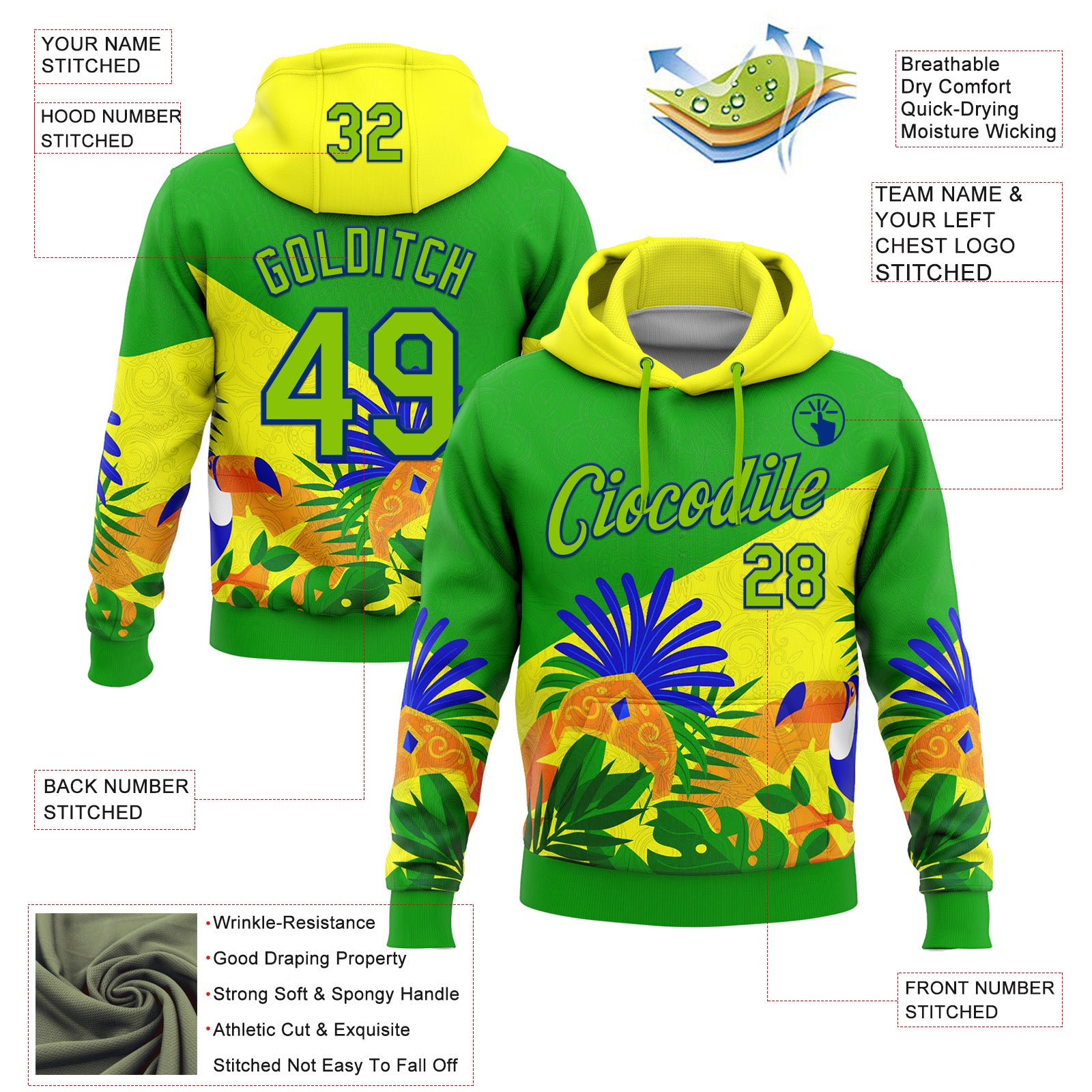 Custom Stitched Green Neon Green Yellow-Royal 3D Pattern Design Brazil Inspired Tropical Plants Sportswear Pullover Sweatshirt Hoodie