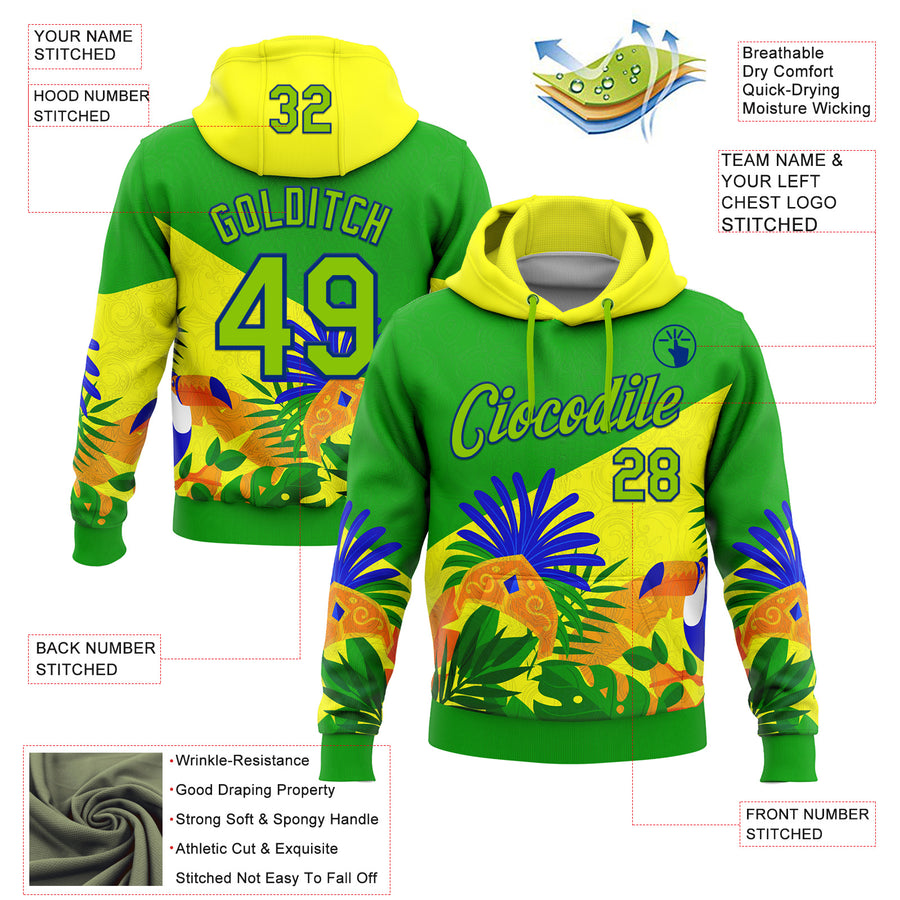 Custom Stitched Green Neon Green Yellow-Royal 3D Pattern Design Brazil Inspired Tropical Plants Sportswear Pullover Sweatshirt Hoodie