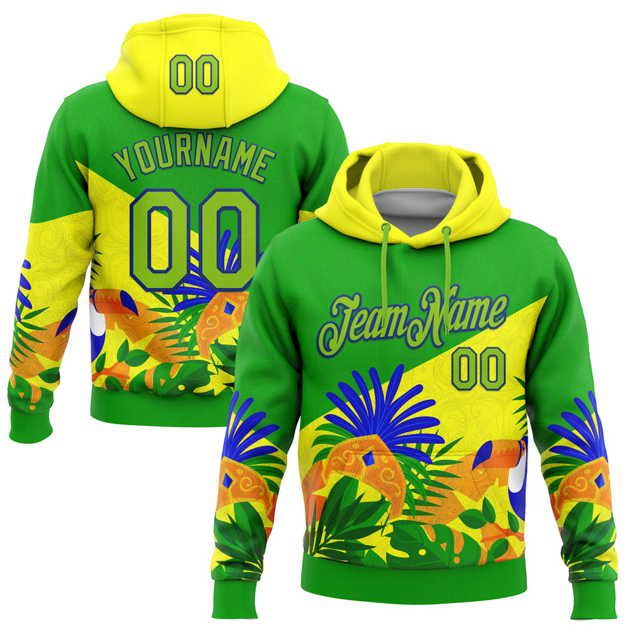 Custom Stitched Green Neon Green Yellow-Royal 3D Pattern Design Brazil Inspired Tropical Plants Sportswear Pullover Sweatshirt Hoodie