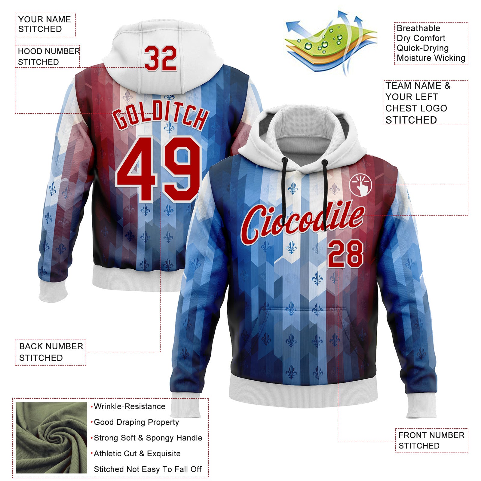 Custom Stitched Blue Red-White 3D Pattern Design American French Inspired Geometric Shape Sportswear Pullover Sweatshirt Hoodie
