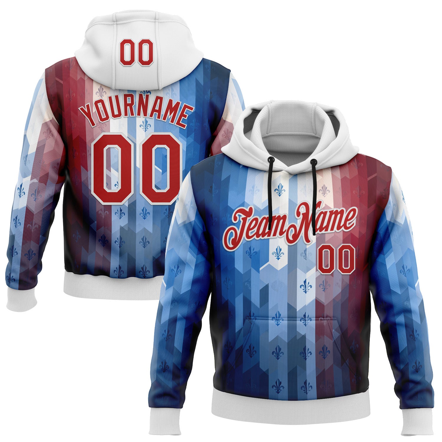 Custom Stitched Blue Red-White 3D Pattern Design American French Inspired Geometric Shape Sportswear Pullover Sweatshirt Hoodie