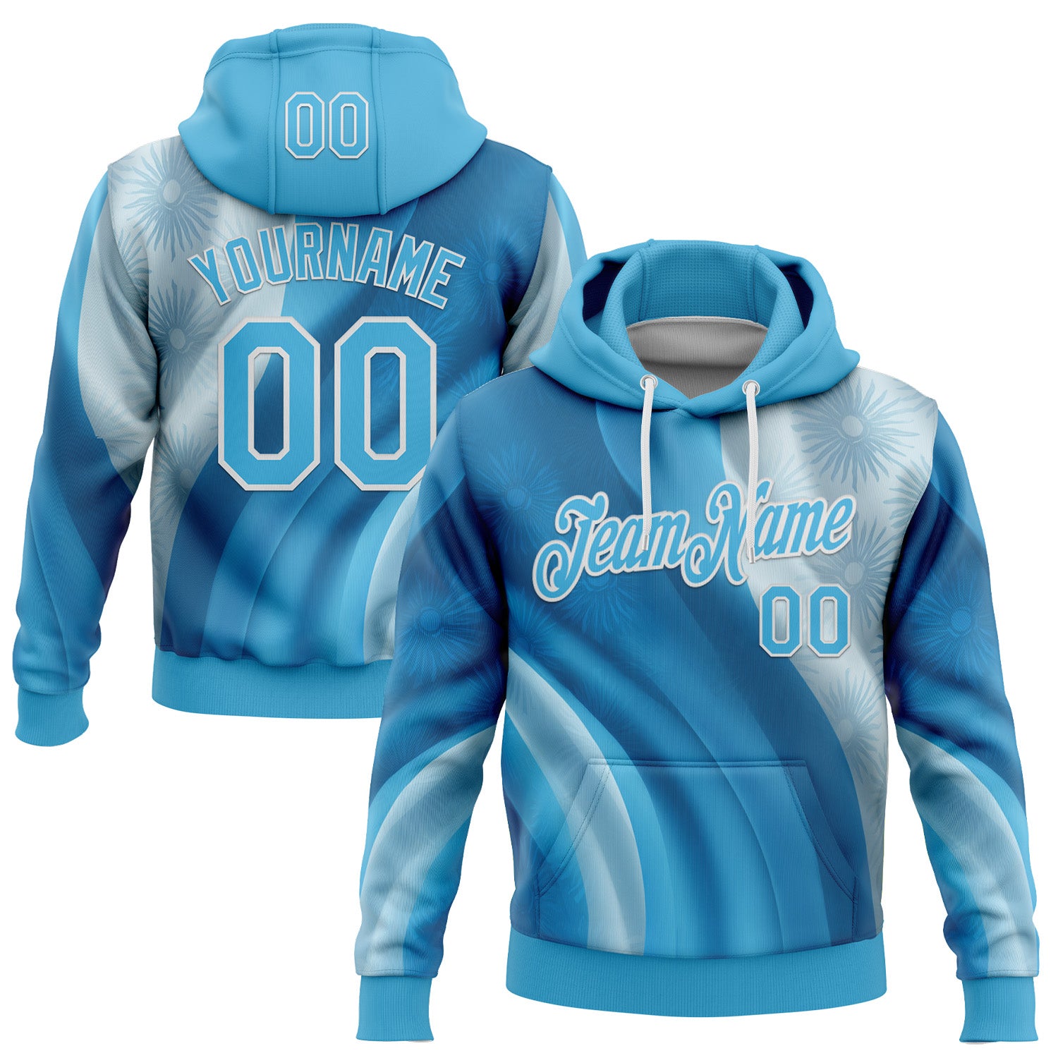 Custom Stitched Blue Sky Blue-White 3D Pattern Design Argentine Inspired Subtle Floral Sportswear Pullover Sweatshirt Hoodie