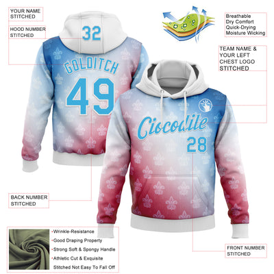 Custom Stitched White Sky Blue Red-Blue 3D Pattern Design American French Inspired Sportswear Pullover Sweatshirt Hoodie