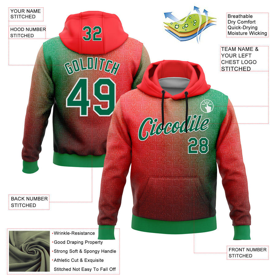 Custom Stitched Red Kelly Green-White 3D Pattern Design Mexico Subtle Sportswear Pullover Sweatshirt Hoodie