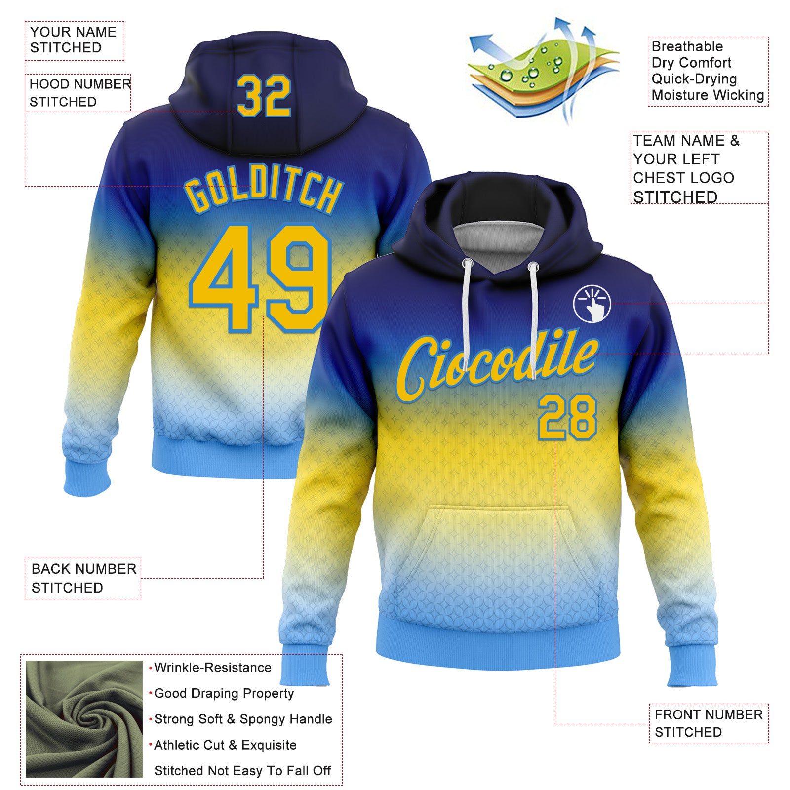 Custom Stitched Blue Yellow-Powder Blue 3D Pattern Design Argentine Inspired Gradient Sportswear Pullover Sweatshirt Hoodie