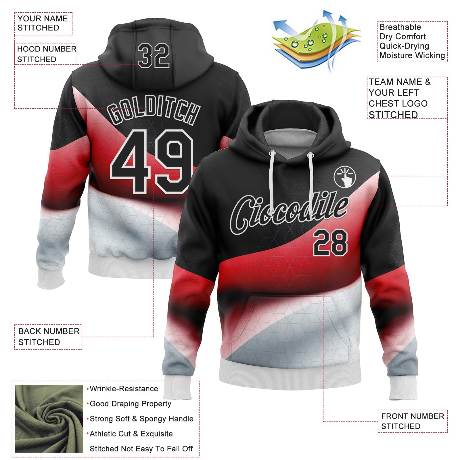 Custom Stitched Black Red-White 3D Pattern Design Germany Inspired Geometric Shape Sportswear Pullover Sweatshirt Hoodie