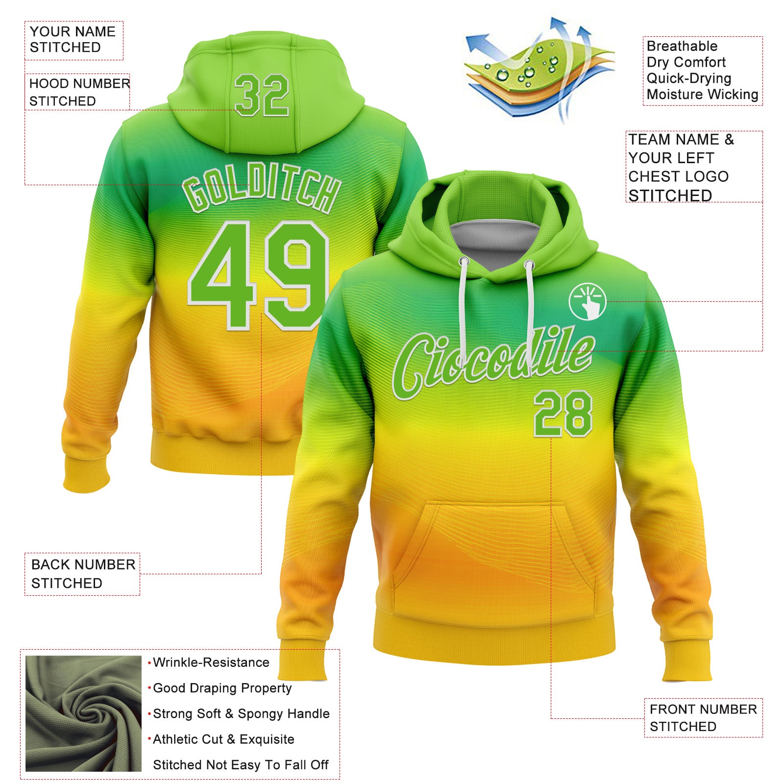 Custom Stitched Green Aurora Green Yellow-White 3D Pattern Design Brazil Inspired Gradien Line Sportswear Pullover Sweatshirt Hoodie