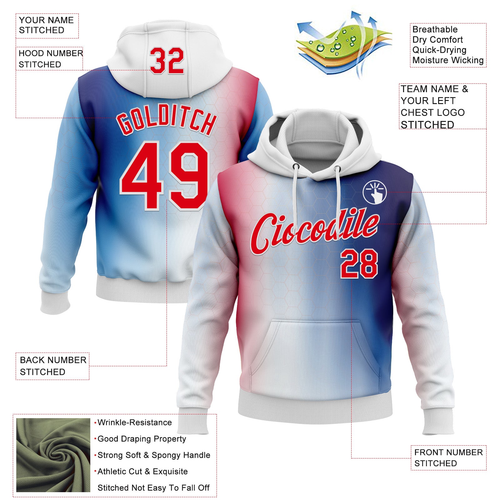 Custom Stitched White Fire Red-Blue 3D Pattern Design American Inspired Gradien Geometric Honeycomb Shape Sportswear Pullover Sweatshirt Hoodie