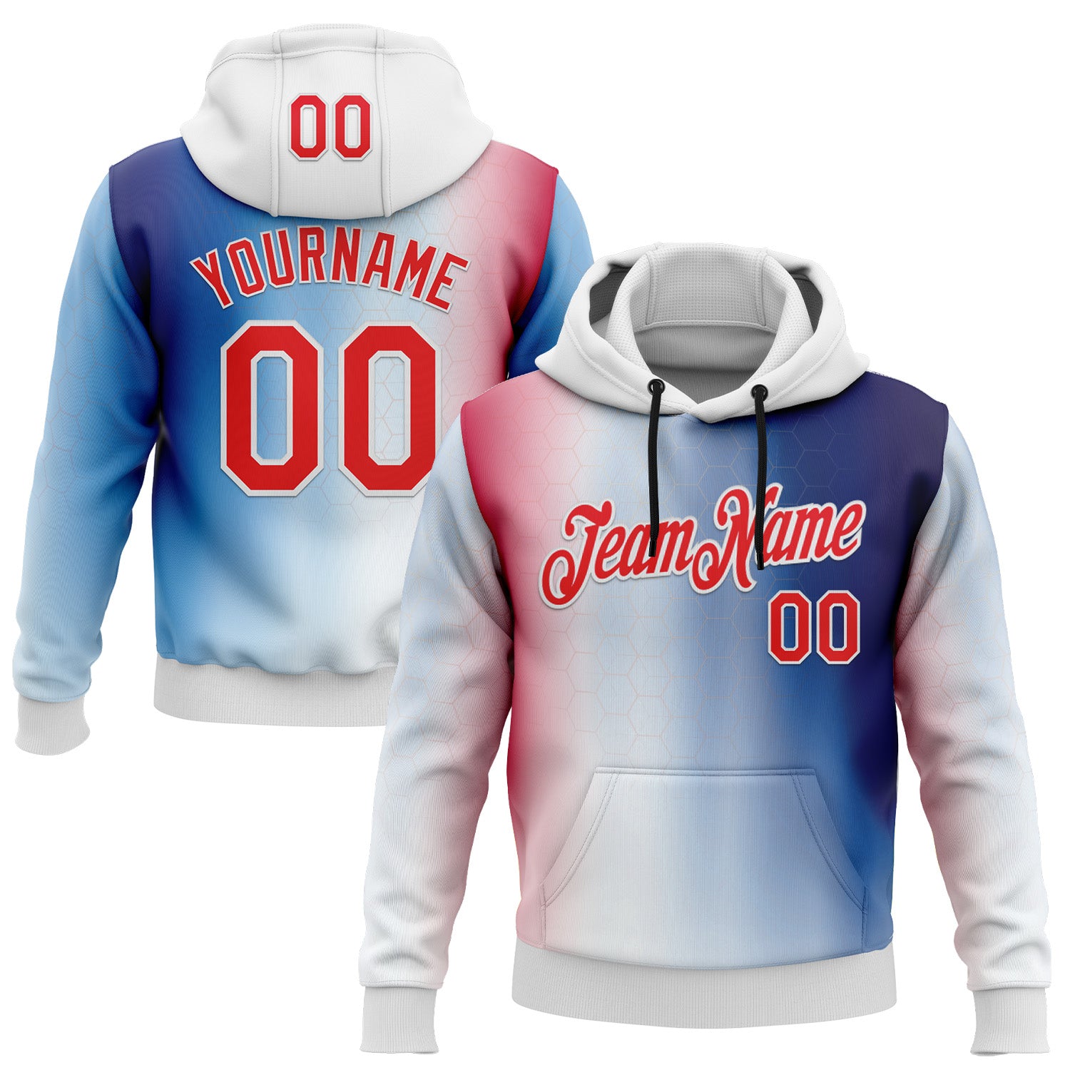 Custom Stitched White Fire Red-Blue 3D Pattern Design American Inspired Gradien Geometric Honeycomb Shape Sportswear Pullover Sweatshirt Hoodie