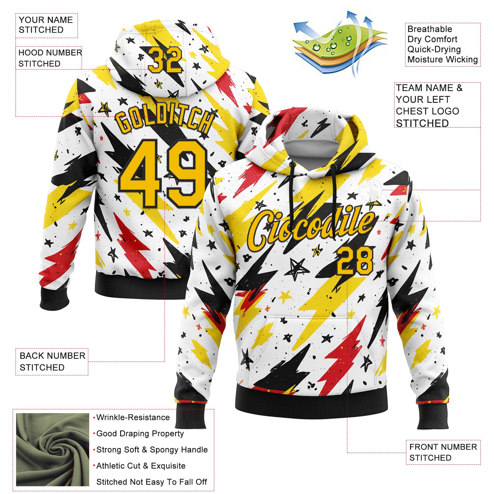 Custom Stitched White Yellow Red-Black 3D Pattern Design Germany Inspired Graffiti Sportswear Pullover Sweatshirt Hoodie