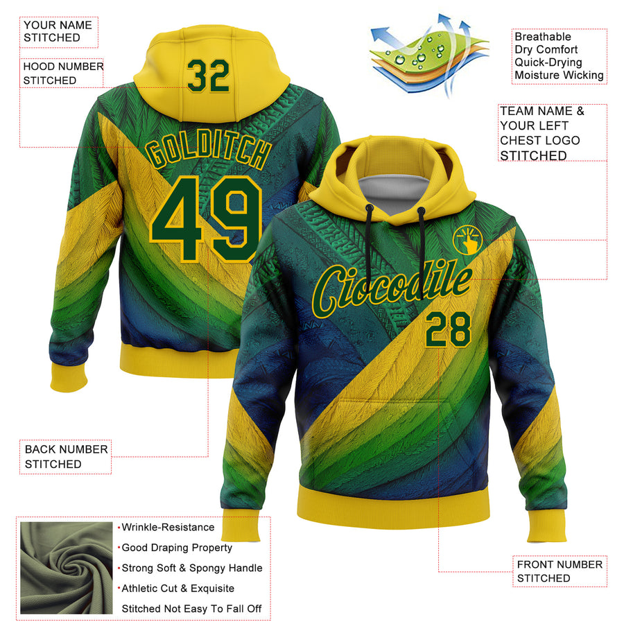Custom Stitched Yellow Green 3D Pattern Design Brazil Inspired Tribal Sportswear Pullover Sweatshirt Hoodie