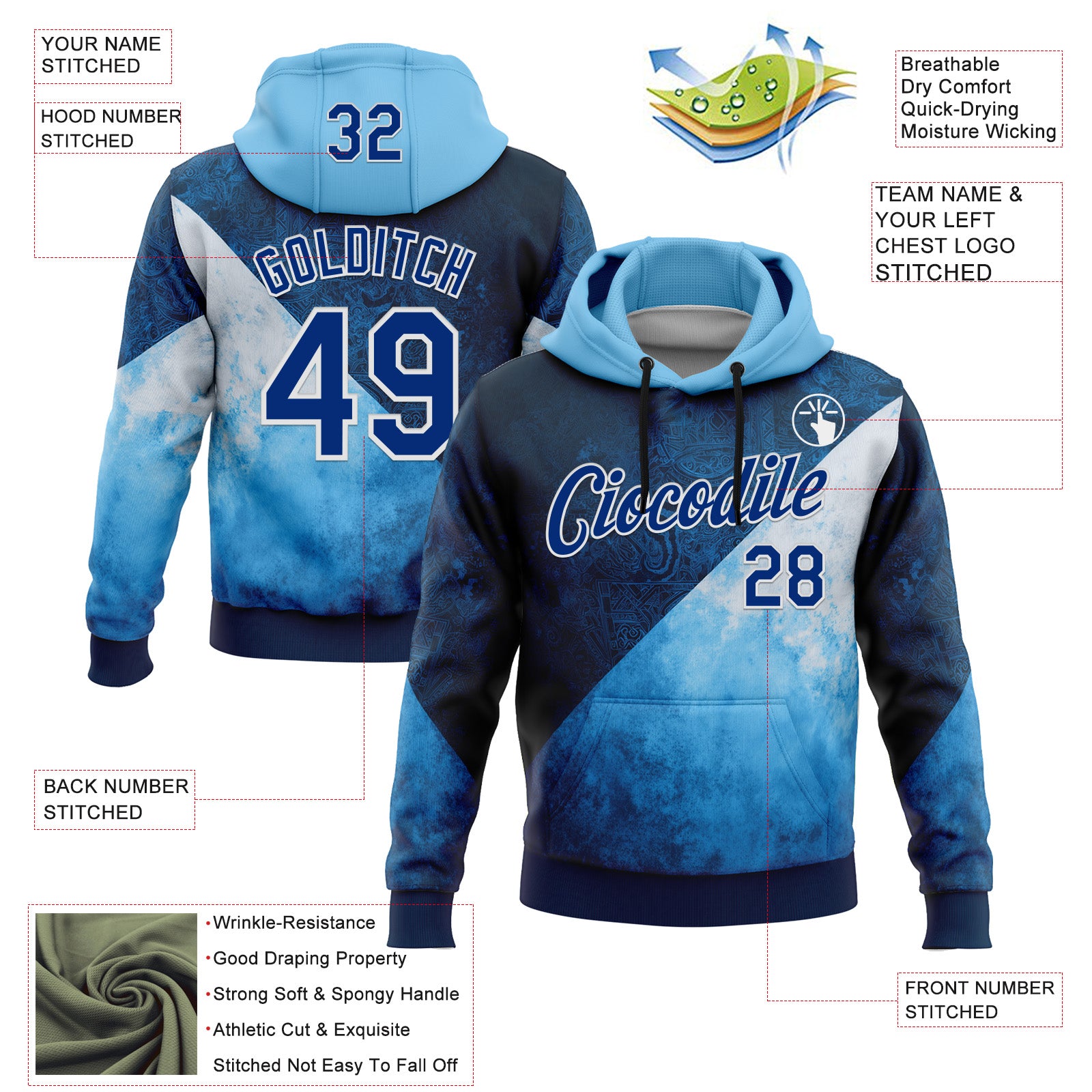 Custom Stitched Blue Royal-White 3D Pattern Design Argentine Inspired Geometric Tribal Watercolor Sportswear Pullover Sweatshirt Hoodie