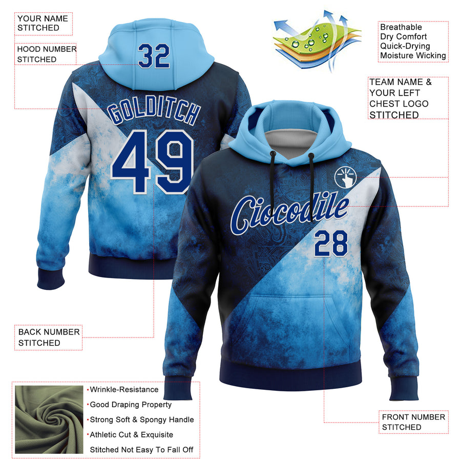 Custom Stitched Blue Royal-White 3D Pattern Design Argentine Inspired Geometric Tribal Watercolor Sportswear Pullover Sweatshirt Hoodie