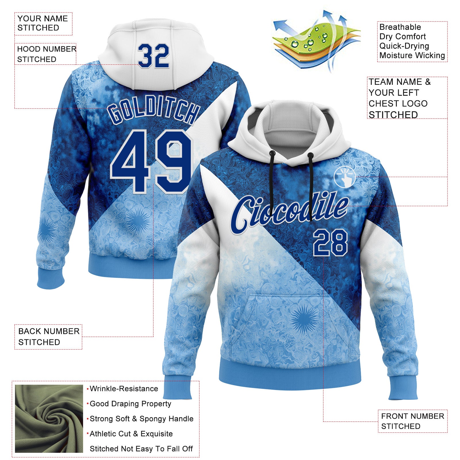 Custom Stitched Blue Royal-White 3D Pattern Design Argentine Inspired Geometric Floral Watercolor Sportswear Pullover Sweatshirt Hoodie