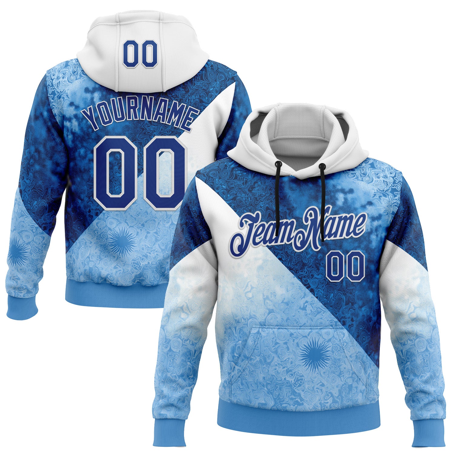 Custom Stitched Blue Royal-White 3D Pattern Design Argentine Inspired Geometric Floral Watercolor Sportswear Pullover Sweatshirt Hoodie
