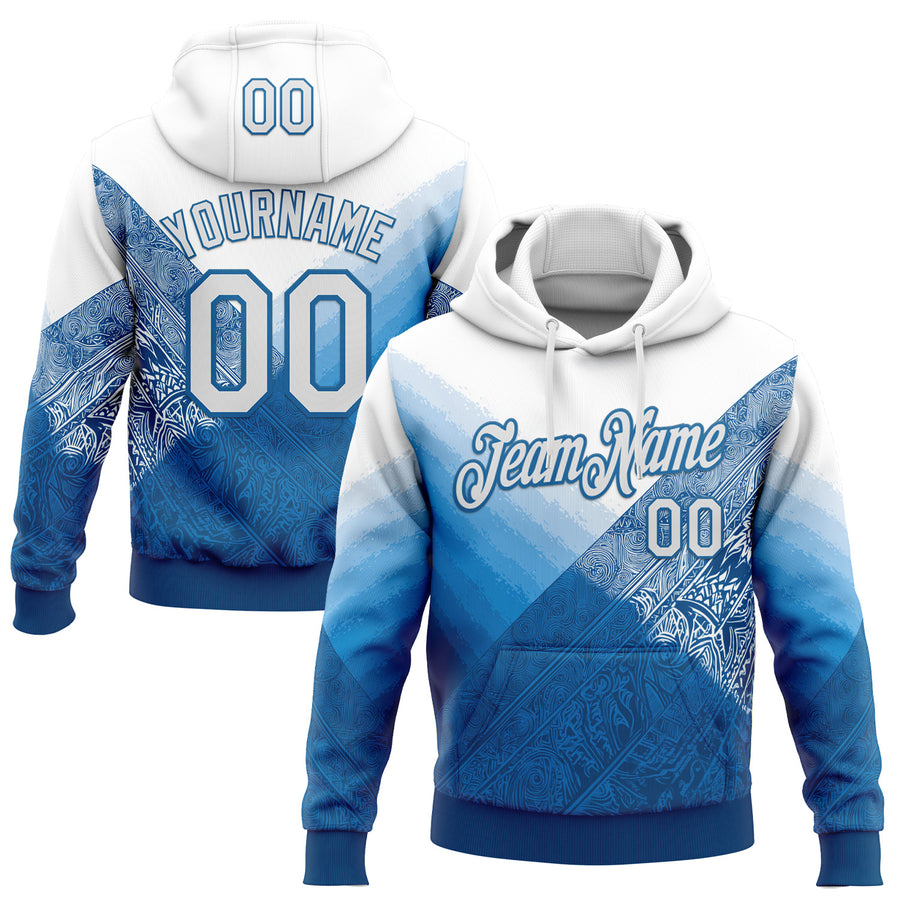 Custom Stitched White Blue 3D Pattern Design Argentine Inspired Geometric Tribal Sportswear Pullover Sweatshirt Hoodie
