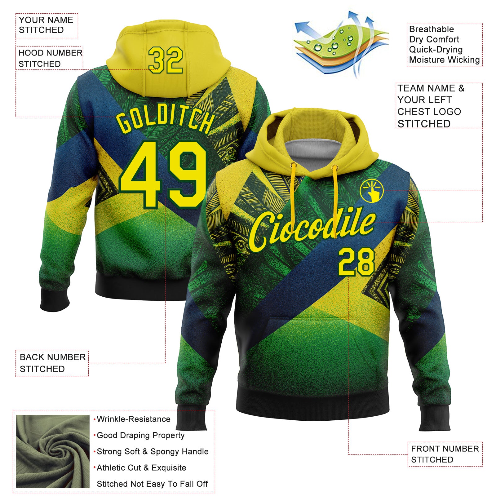 Custom Stitched Green Light Yellow-Blue 3D Pattern Design Brazil Inspired Geometric Tribal Sportswear Pullover Sweatshirt Hoodie