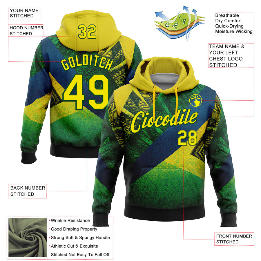 Custom Stitched Green Light Yellow-Blue 3D Pattern Design Brazil Inspired Geometric Tribal Sportswear Pullover Sweatshirt Hoodie