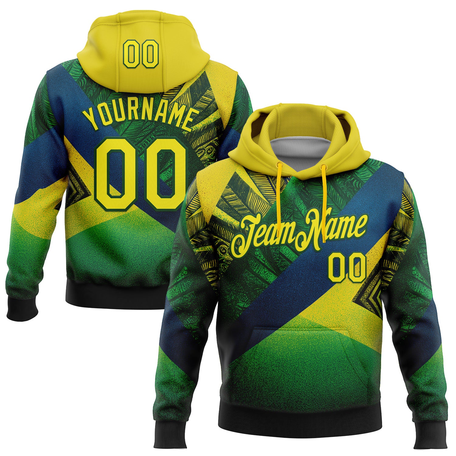 Custom Stitched Green Light Yellow-Blue 3D Pattern Design Brazil Inspired Geometric Tribal Sportswear Pullover Sweatshirt Hoodie