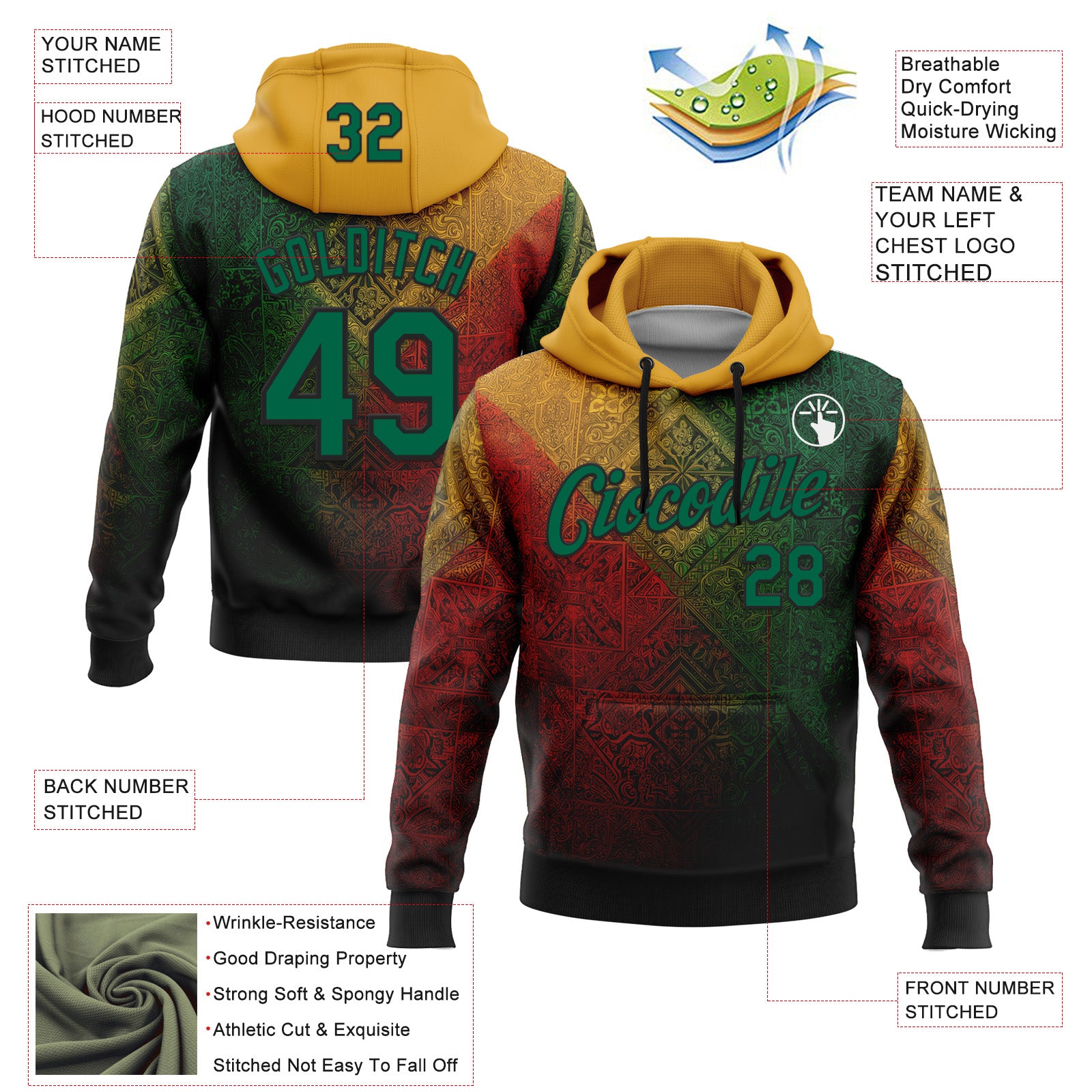 Custom Stitched Yellow Kelly Green Red-Black 3D Pattern Design Brazil Mexico Inspired Geometric Tribal Sportswear Pullover Sweatshirt Hoodie