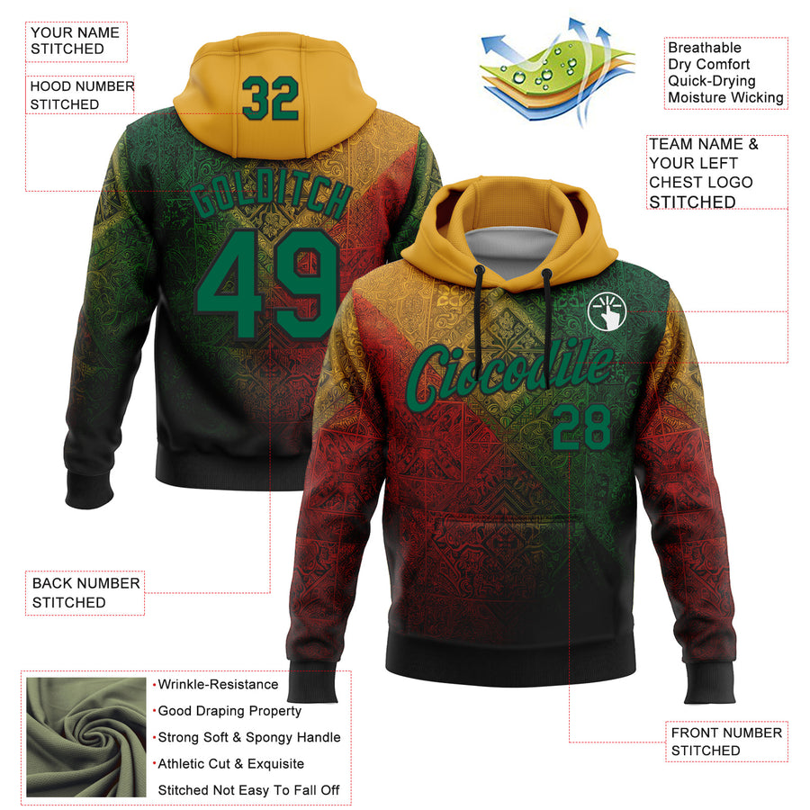 Custom Stitched Yellow Kelly Green Red-Black 3D Pattern Design Brazil Mexico Inspired Geometric Tribal Sportswear Pullover Sweatshirt Hoodie