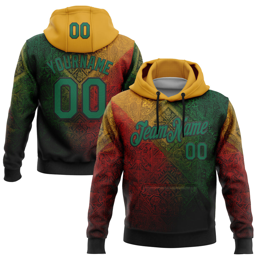 Custom Stitched Yellow Kelly Green Red-Black 3D Pattern Design Brazil Mexico Inspired Geometric Tribal Sportswear Pullover Sweatshirt Hoodie