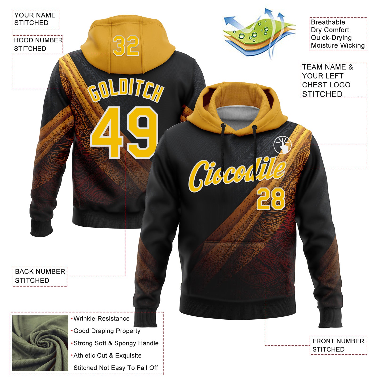 Custom Stitched Black Yellow-White 3D Pattern Design Germany Inspired Tribal Sportswear Pullover Sweatshirt Hoodie