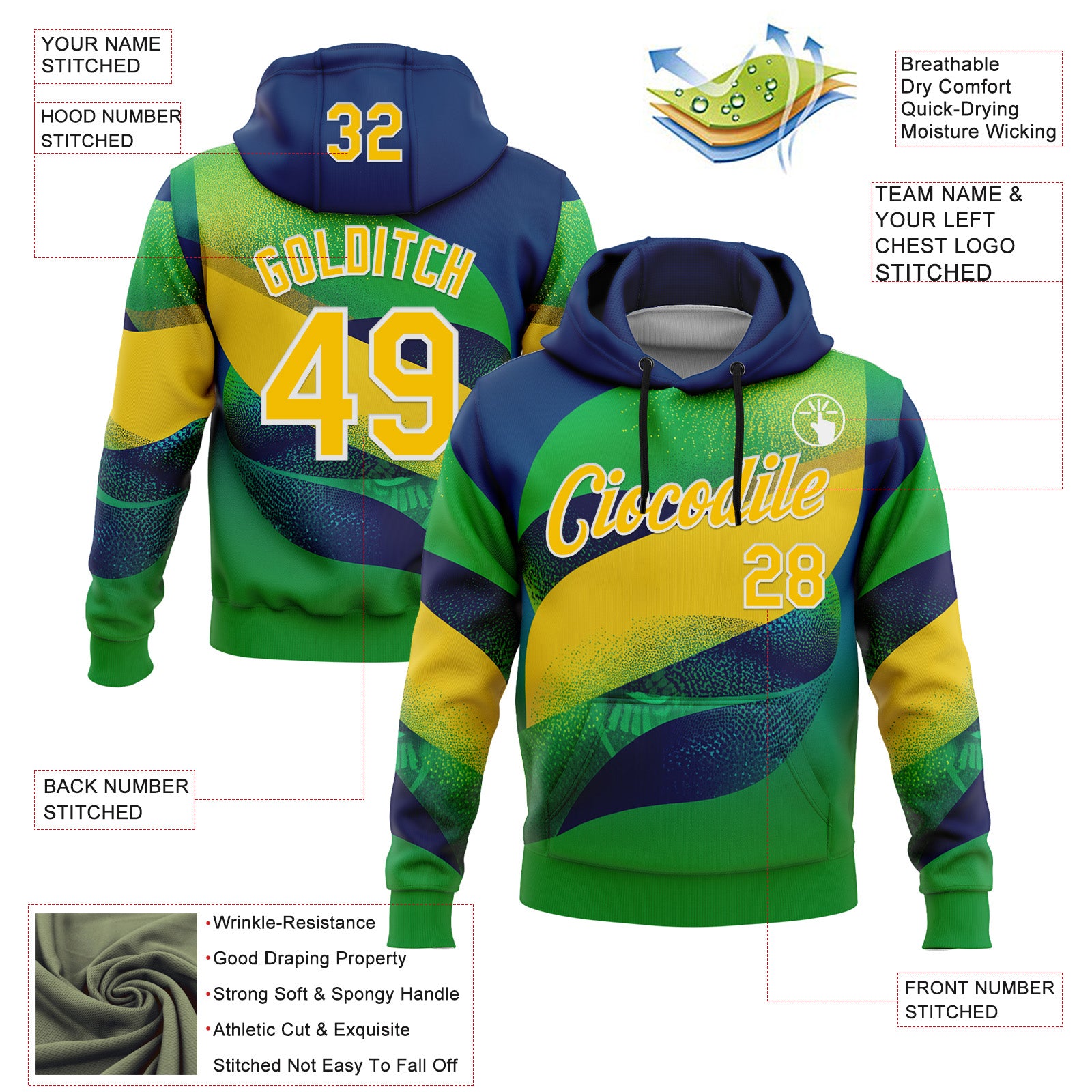 Custom Stitched Green Yellow Blue-White 3D Pattern Design Brazil Inspired Geometric Shape Sportswear Pullover Sweatshirt Hoodie
