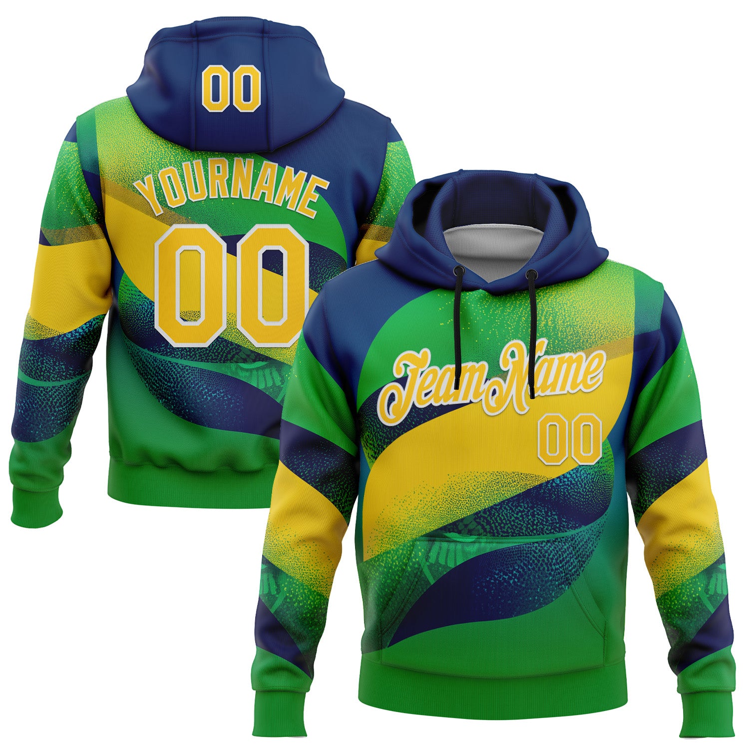 Custom Stitched Green Yellow Blue-White 3D Pattern Design Brazil Inspired Geometric Shape Sportswear Pullover Sweatshirt Hoodie