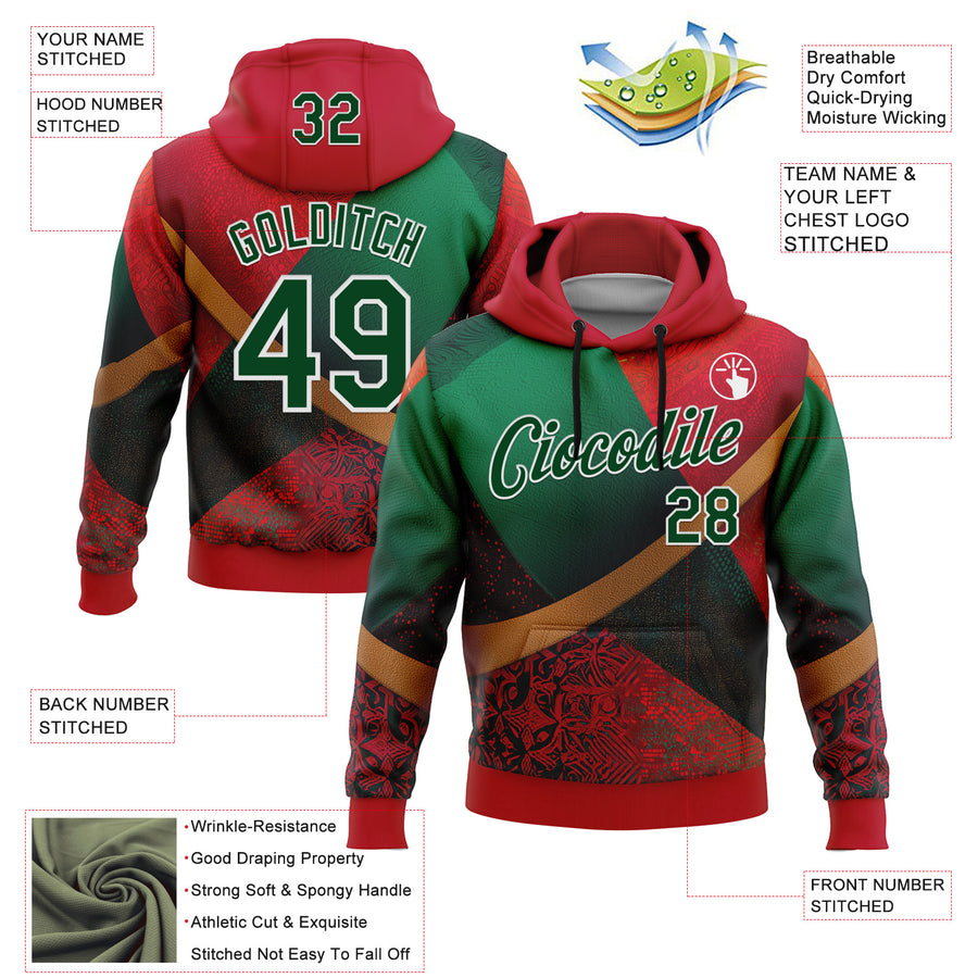 Custom Stitched Red Green-White 3D Pattern Design Mexico Geometric Tribal Sportswear Pullover Sweatshirt Hoodie