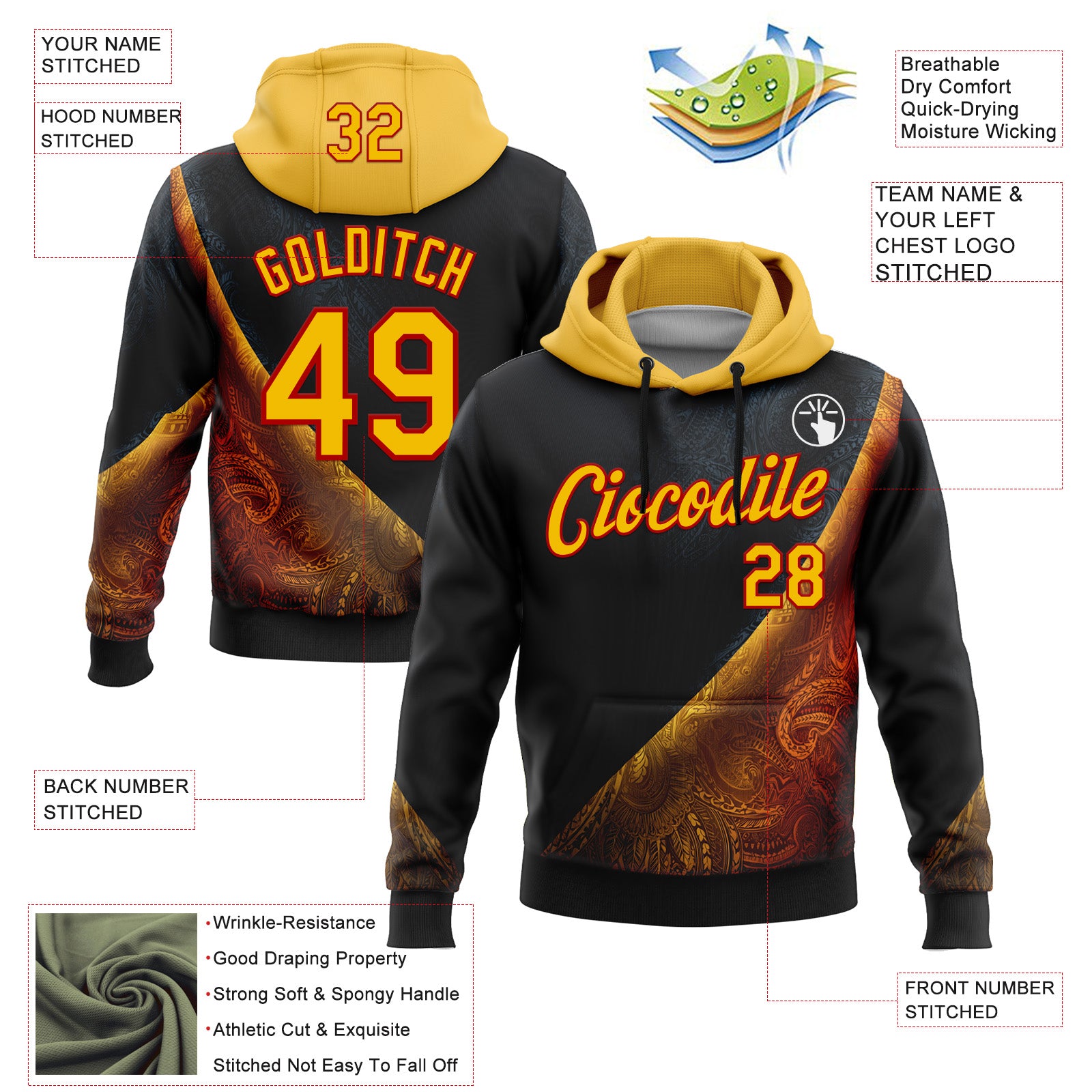 Custom Stitched Black Yellow-Red 3D Pattern Design Germany Inspired Tribal Sportswear Pullover Sweatshirt Hoodie