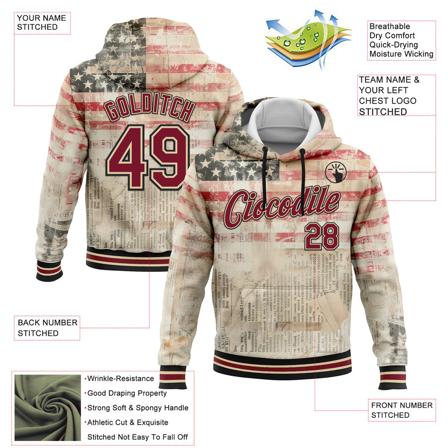 Custom Stitched City Cream Crimson-Black 3D American Flag Retro Distressed Grunge Sports Pullover Sweatshirt Hoodie