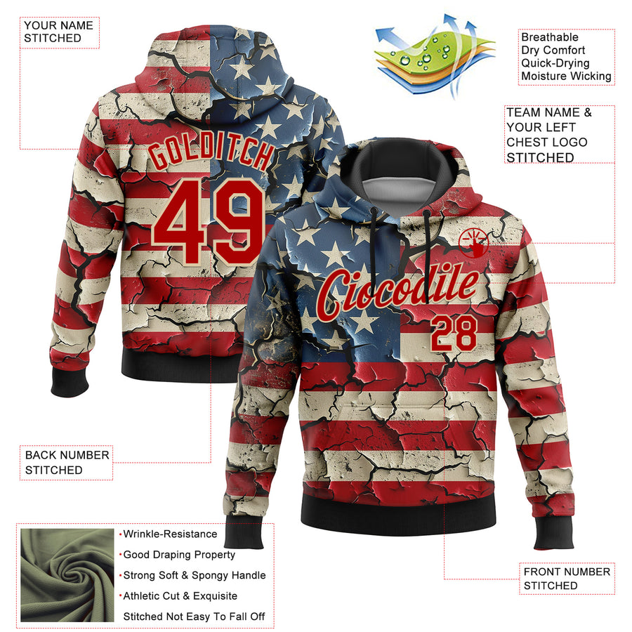 Custom Stitched Red City Cream 3D American Flag Retro Distressed Grunge Sports Pullover Sweatshirt Hoodie