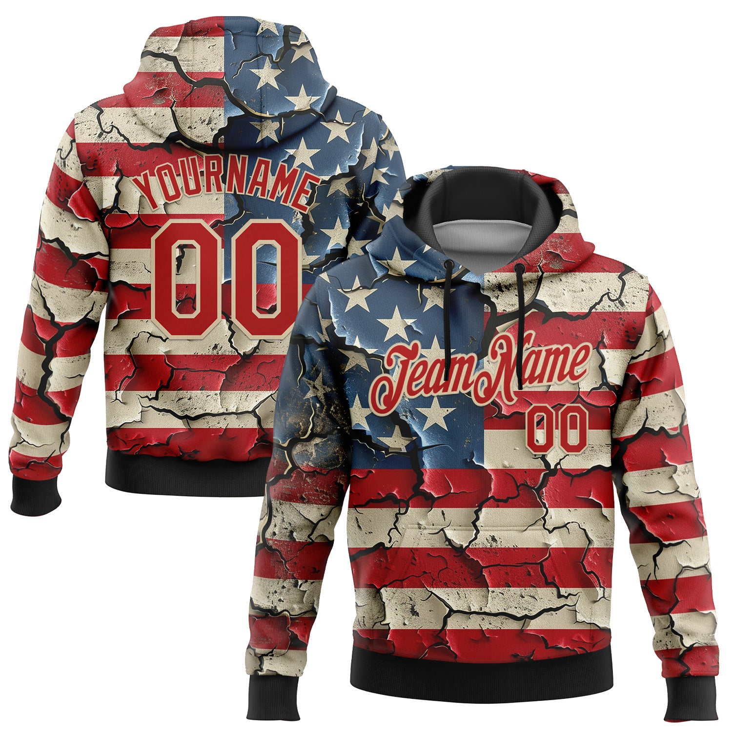 Custom Stitched Red City Cream 3D American Flag Retro Distressed Grunge Sports Pullover Sweatshirt Hoodie