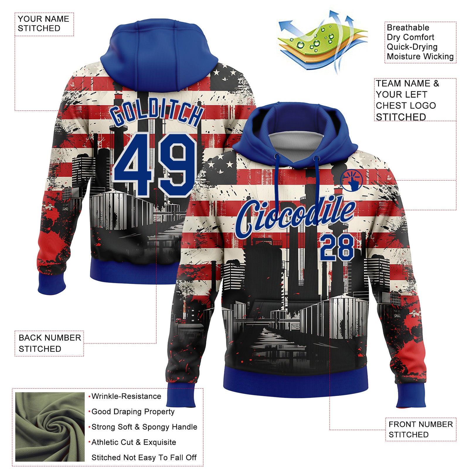 Custom Stitched City Cream Royal Red-White 3D American Flag Retro Distressed Grunge Sports Pullover Sweatshirt Hoodie