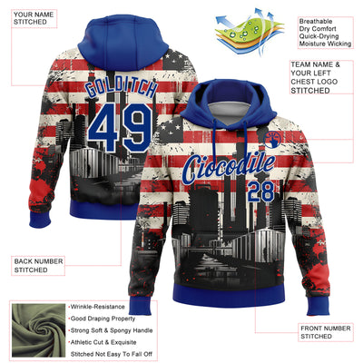 Custom Stitched City Cream Royal Red-White 3D American Flag Retro Distressed Grunge Sports Pullover Sweatshirt Hoodie