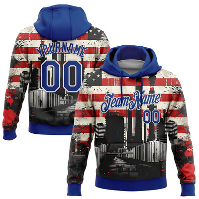 Custom Stitched City Cream Royal Red-White 3D American Flag Retro Distressed Grunge Sports Pullover Sweatshirt Hoodie