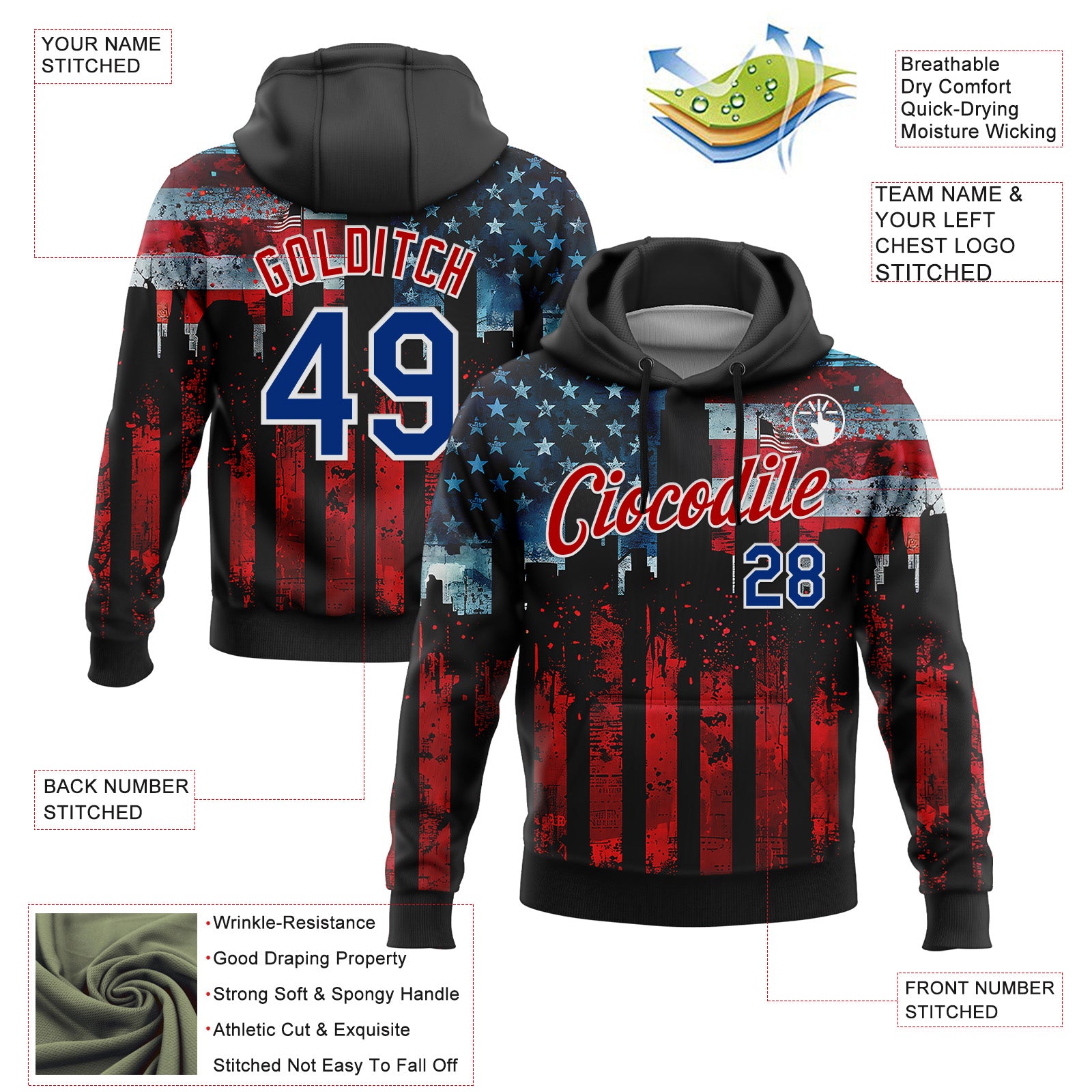 Custom Stitched Black Royal Red-White 3D American Flag Retro Distressed Grunge Sports Pullover Sweatshirt Hoodie