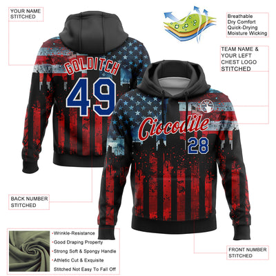 Custom Stitched Black Royal Red-White 3D American Flag Retro Distressed Grunge Sports Pullover Sweatshirt Hoodie