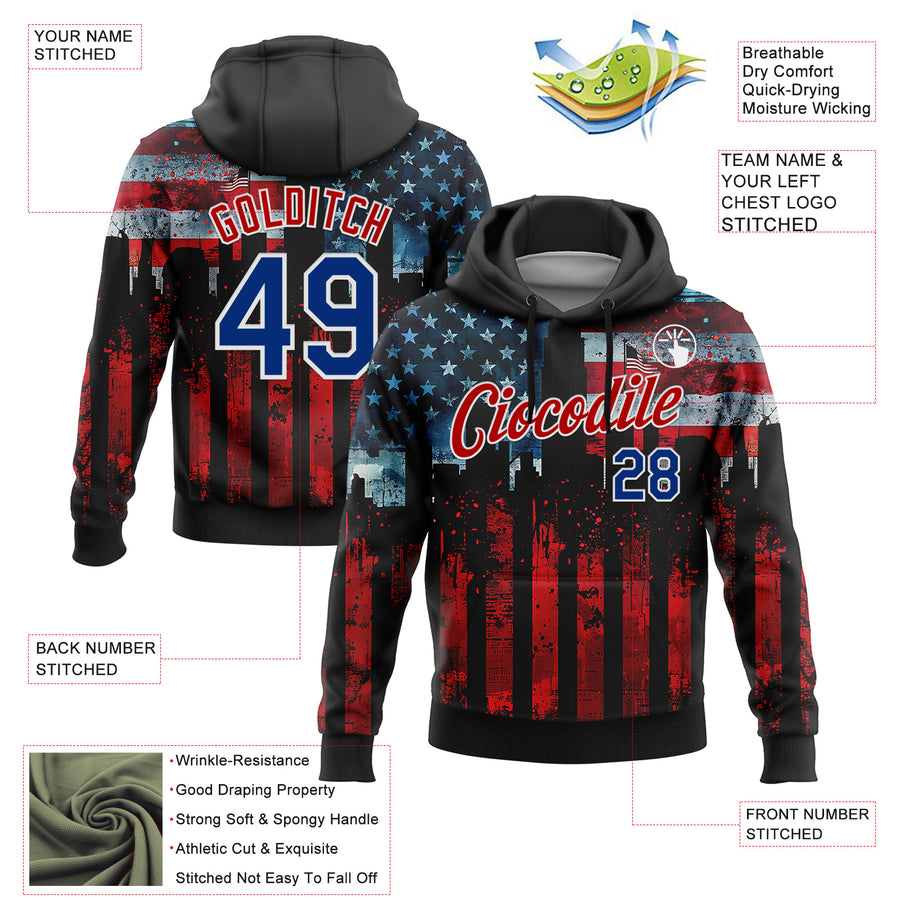 Custom Stitched Black Royal Red-White 3D American Flag Retro Distressed Grunge Sports Pullover Sweatshirt Hoodie
