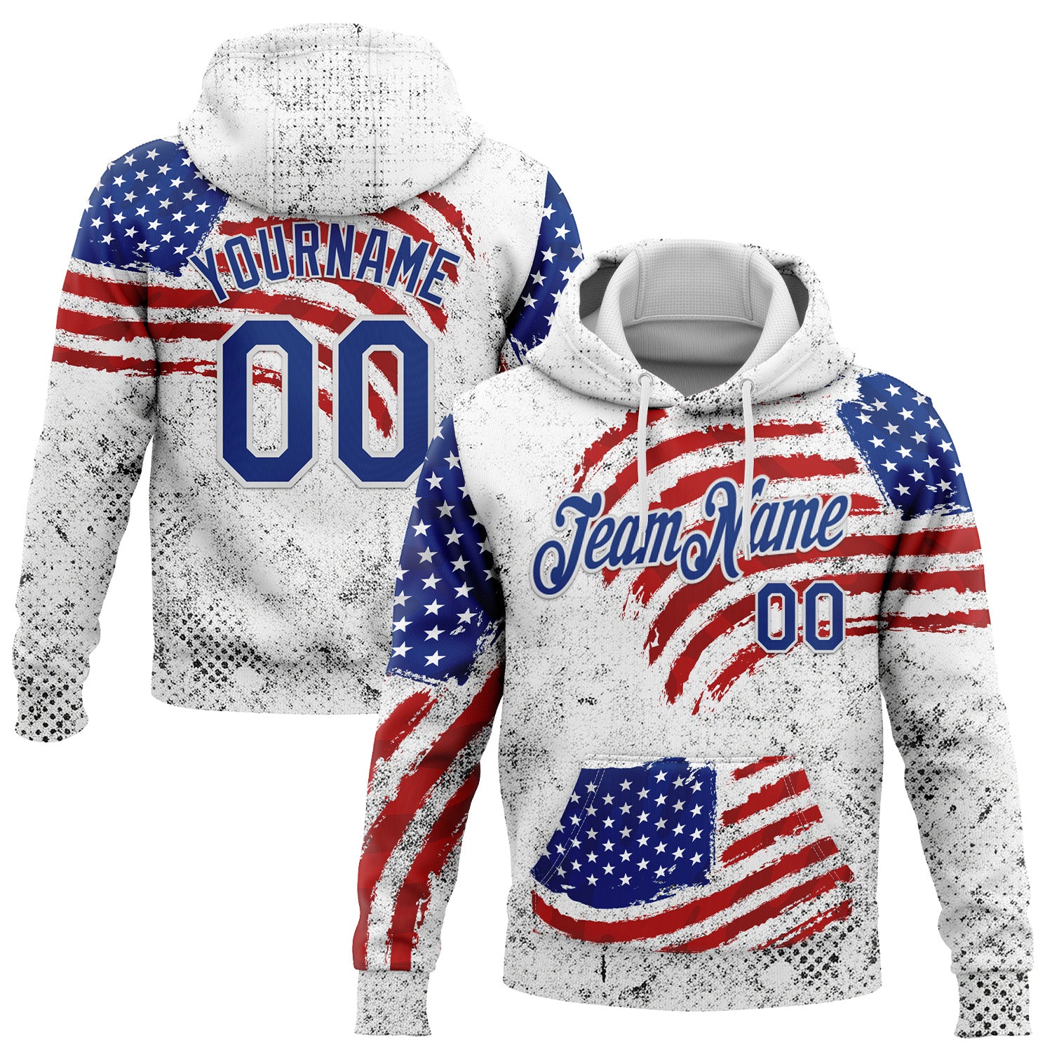 Custom Stitched White Royal-Red 3D American Flag Retro Distressed Grunge Sports Pullover Sweatshirt Hoodie