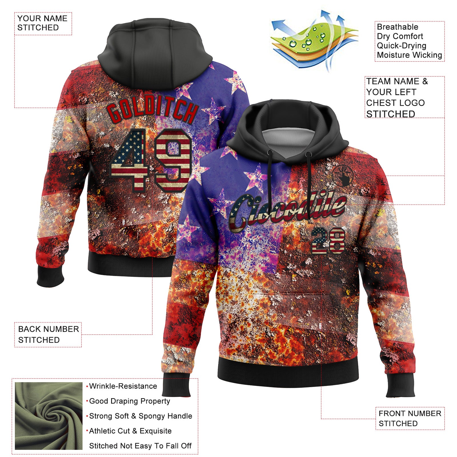 Custom Stitched Black Vintage USA Flag-Red 3D American Flag Retro Distressed Rusty Grunge Sports Pullover Sweatshirt Hoodie