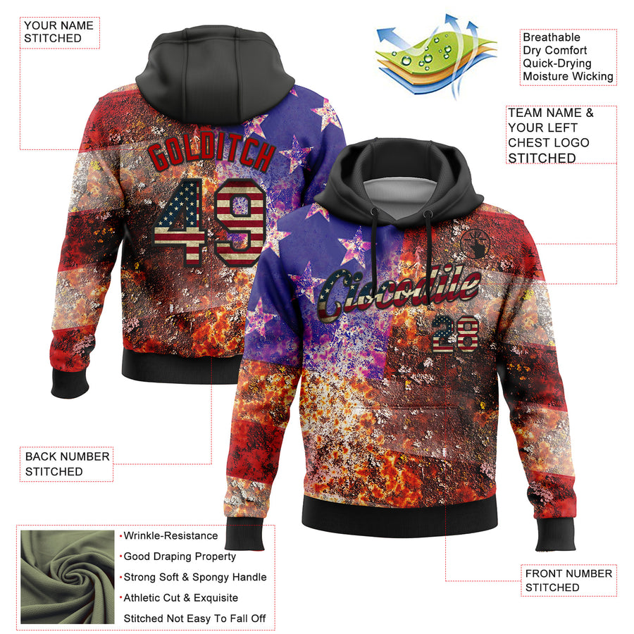 Custom Stitched Black Vintage USA Flag-Red 3D American Flag Retro Distressed Rusty Grunge Sports Pullover Sweatshirt Hoodie