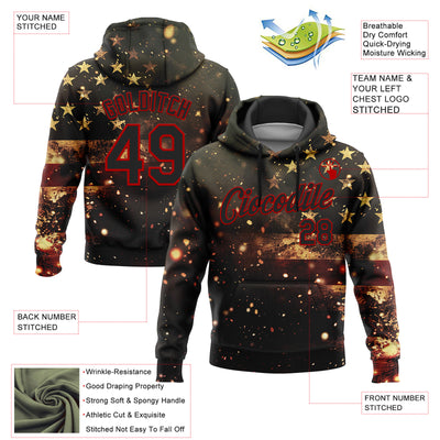 Custom Stitched Black Red 3D American Flag Retro Distressed Sparkle Grunge Sports Pullover Sweatshirt Hoodie