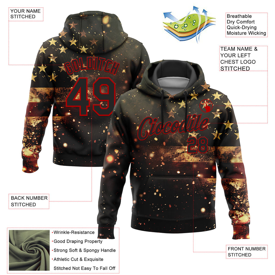 Custom Stitched Black Red 3D American Flag Retro Distressed Sparkle Grunge Sports Pullover Sweatshirt Hoodie