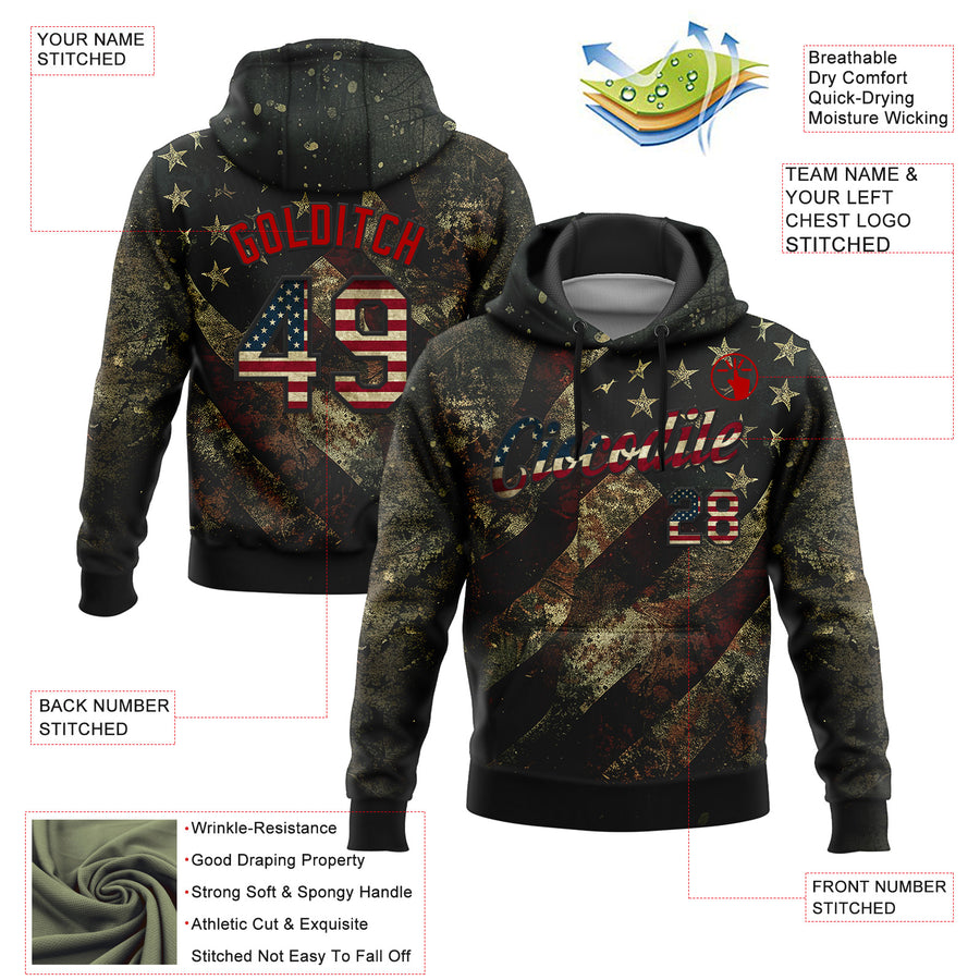 Custom Stitched Black Vintage USA Flag-Red 3D American Flag Retro Distressed Grunge Sports Pullover Sweatshirt Hoodie