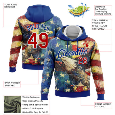 Custom Stitched Royal Red-White 3D American Flag Retro Distressed Eagle Grunge Sports Pullover Sweatshirt Hoodie
