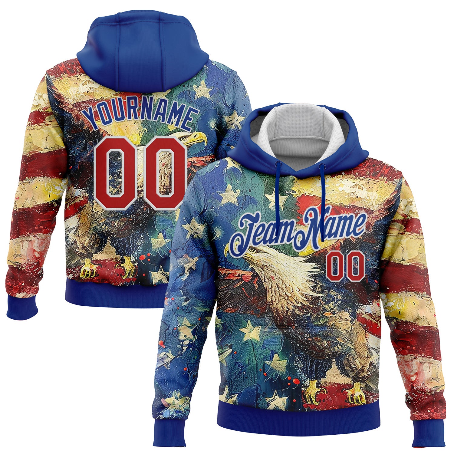 Custom Stitched Royal Red-White 3D American Flag Retro Distressed Eagle Grunge Sports Pullover Sweatshirt Hoodie