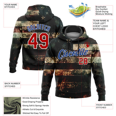 Custom Stitched Black Red Royal-White 3D American Flag Retro Distressed Grunge Sports Pullover Sweatshirt Hoodie