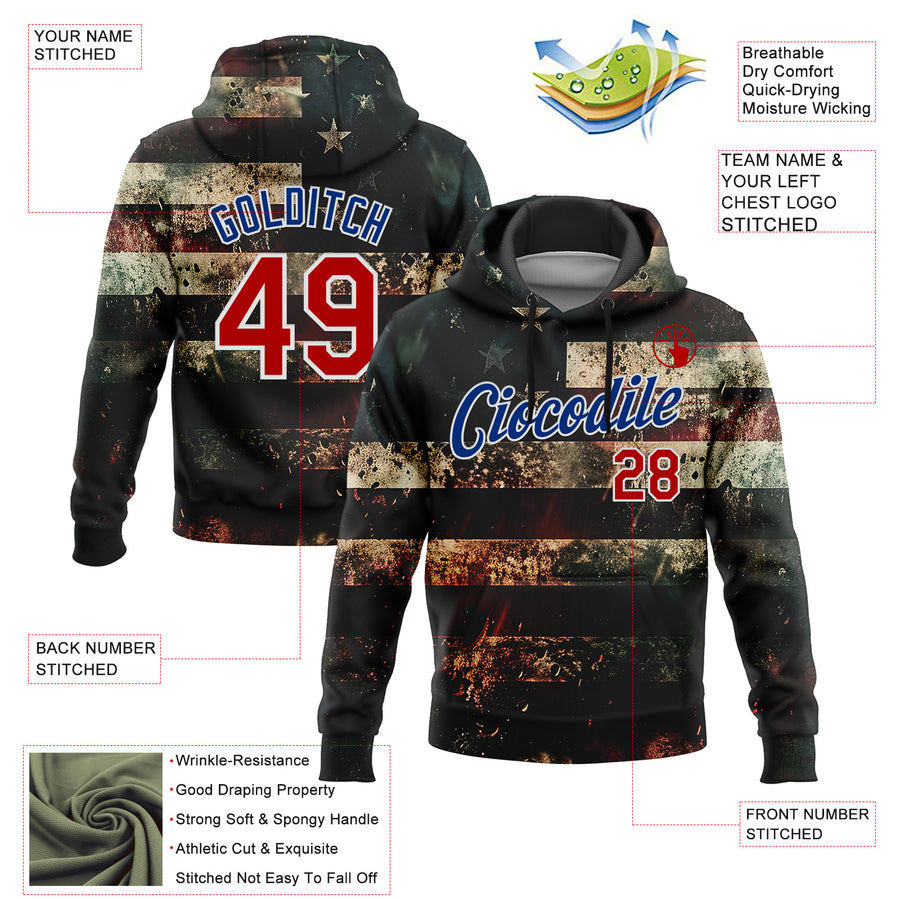 Custom Stitched Black Red Royal-White 3D American Flag Retro Distressed Grunge Sports Pullover Sweatshirt Hoodie